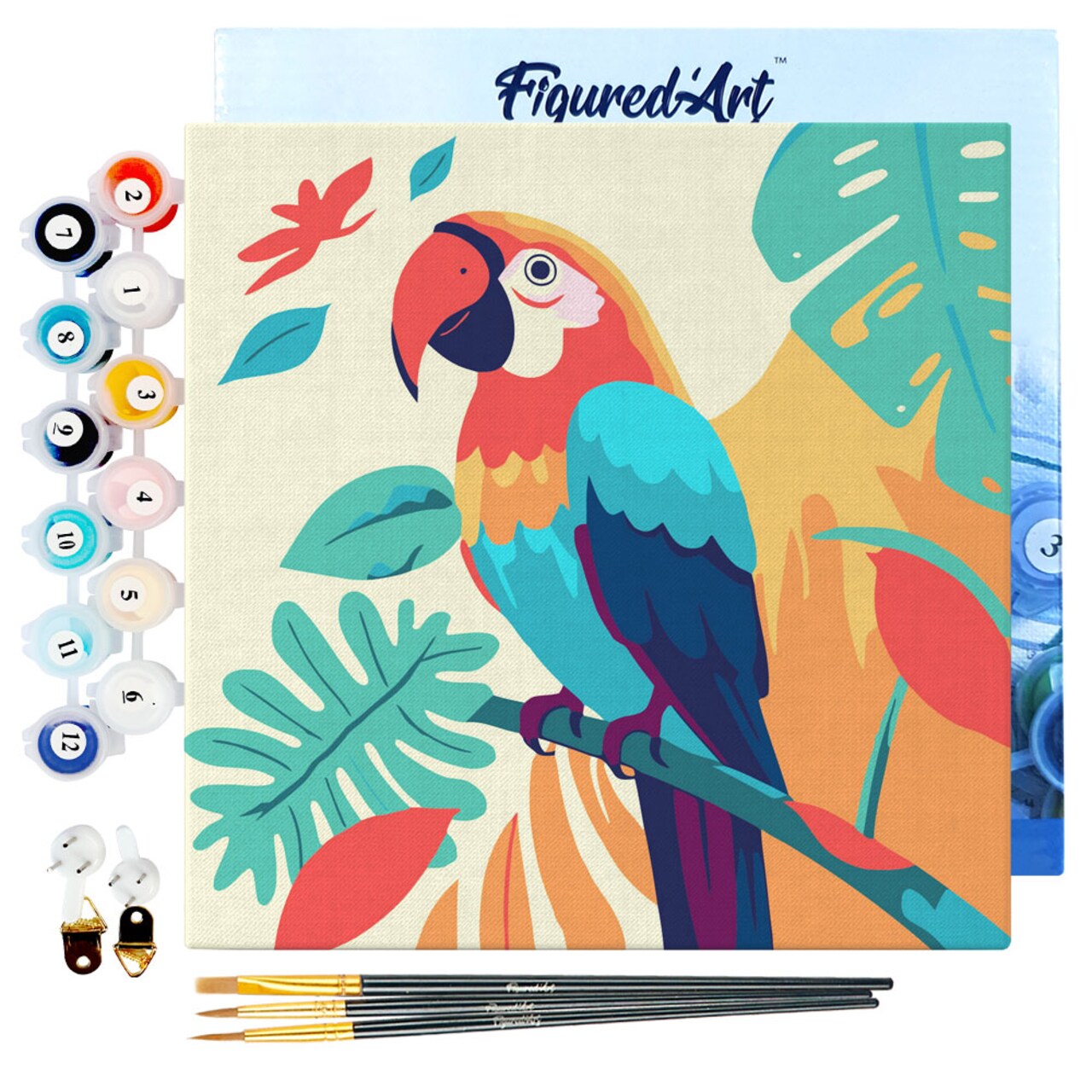 Figured'Art Mini Paint by Numbers Kit for Adults with Frame Tropical Parrot Small format 8"x8" - Craft Art Painting DIY Canvas Already Stretched on a Wooden Frame